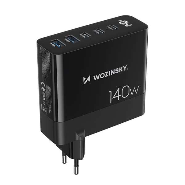 Nätladdare 100-240V GaN 140W 3x USB-C / 2x USB-A svart