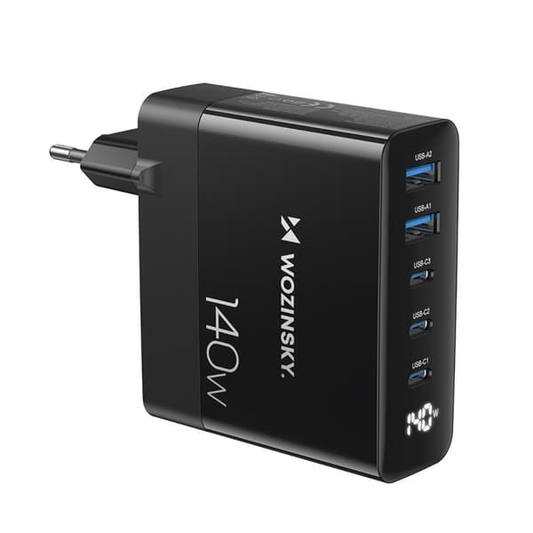 Nätladdare 100-240V GaN 140W 3x USB-C / 2x USB-A svart