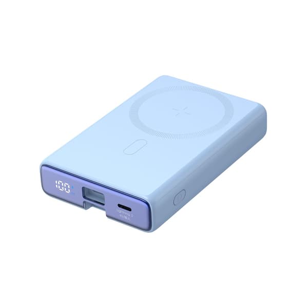 Magnetisk powerbank 10000mAh 20W med stativ + Lightning-kabel - USB-C blå