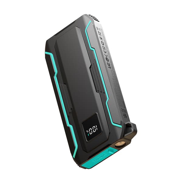 Udendørs 10000mAh field power bank med indbygget USB-C og Lightning kabler, sort
