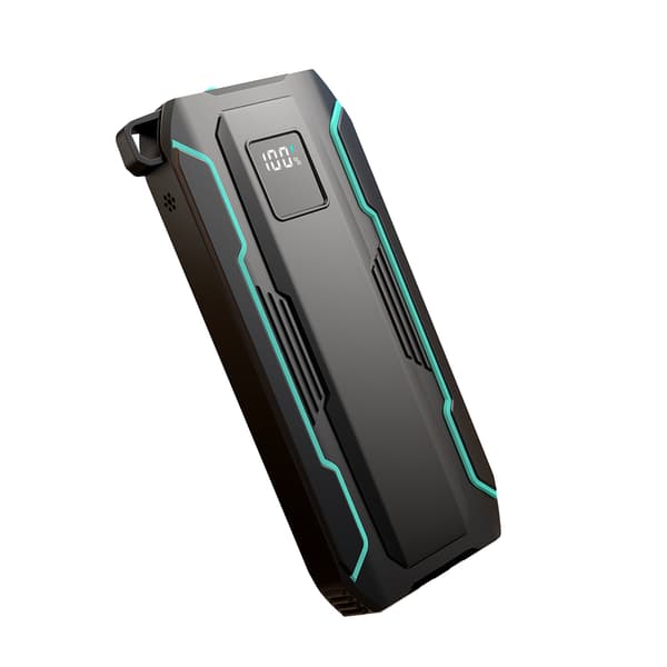 Udendørs 10000mAh field power bank med indbygget USB-C og Lightning kabler, sort