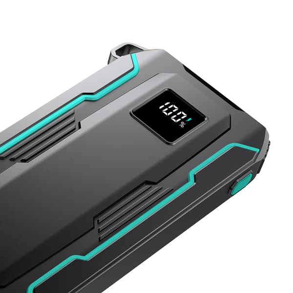 Udendørs 10000mAh field power bank med indbygget USB-C og Lightning kabler, sort