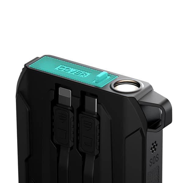 Udendørs 10000mAh field power bank med indbygget USB-C og Lightning kabler, sort