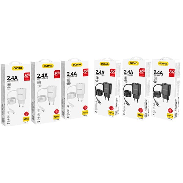 2x USB-seinälaturi sisäänrakennetulla kaapelilla iPhone Lightning 12W:lle, musta