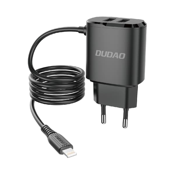 2x USB-seinälaturi sisäänrakennetulla kaapelilla iPhone Lightning 12W:lle, musta