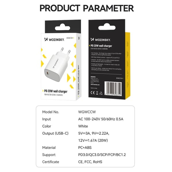 20W USB-C 100-240V vægoplader, hvid