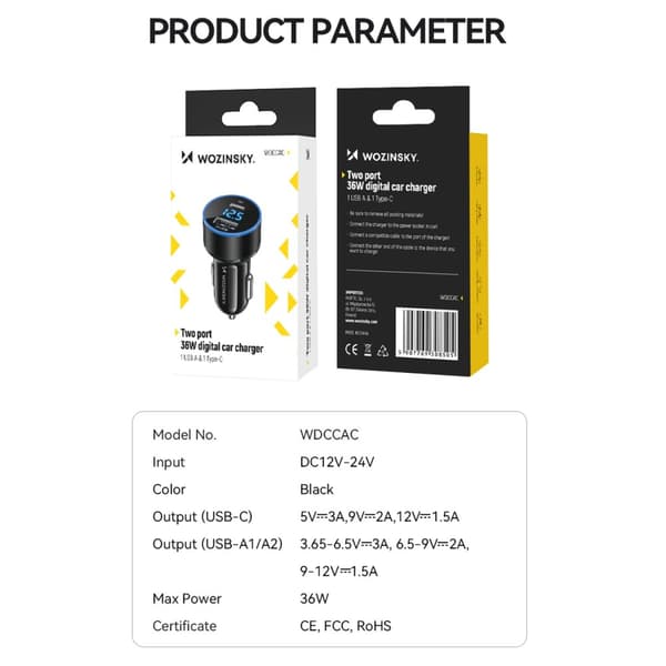 USB-C USB-A 36W cigarettænder biloplader, sort