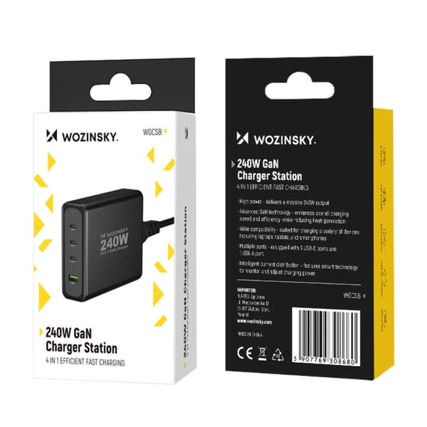 GaN 240W USB-A 3x USB-C vægoplader, sort