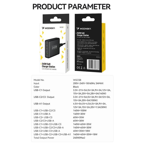 GaN 240W USB-A 3x USB-C vægoplader, sort
