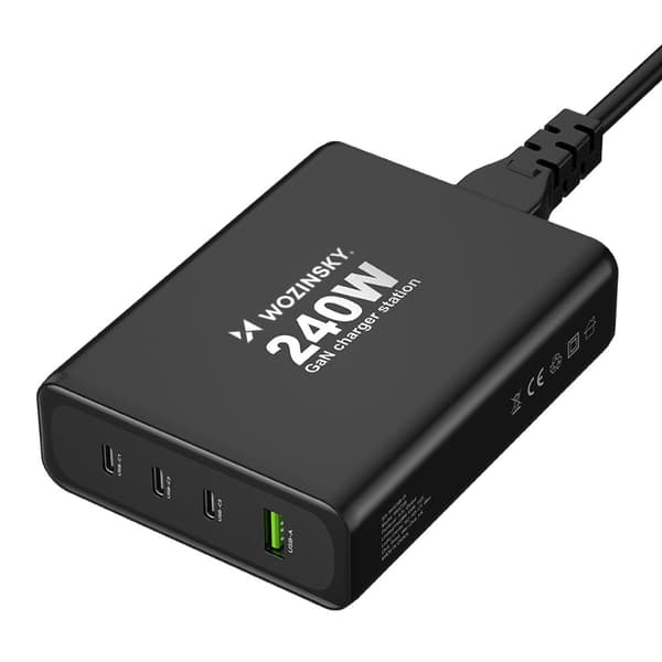 GaN 240W USB-A 3x USB-C vægoplader, sort