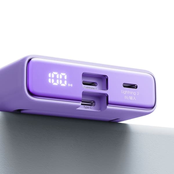 Magneettinen virtapankki 10000mAh 20W jalustalla + Lightning-kaapeli - USB-C violetti