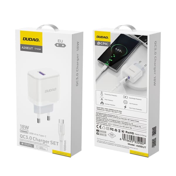 USB-A 18W vægoplader med USB-A - USB-C kabel, hvid