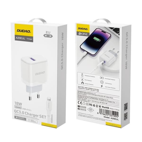 USB-A 18W vægoplader med USB-A - Lightning kabel til iPhone, hvid