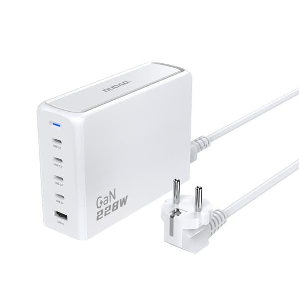 Netoplader GaN ladestation 1x USB-A 4x USB-C PD 228W med 1,5m kabel hvid Hvid