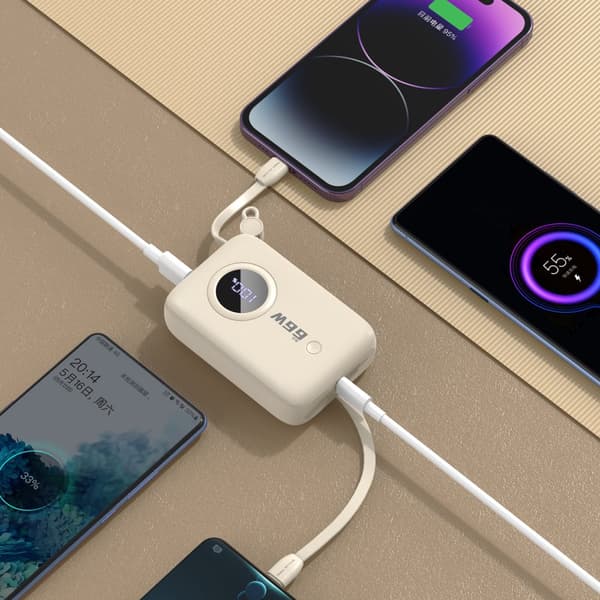 Powerbank 10000mAh med USB-C / iPhone Lightning kabler, beige