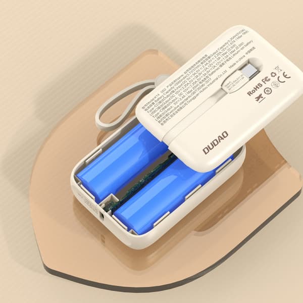 Powerbank 10000mAh med USB-C / iPhone Lightning kabler, beige