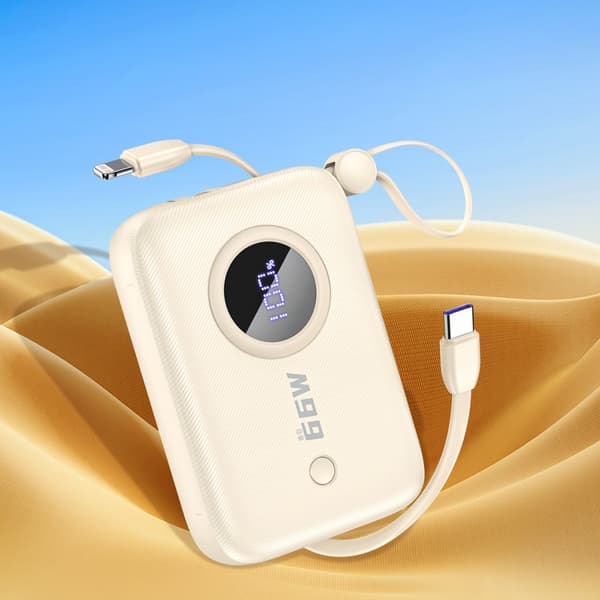 Powerbank 10000mAh med USB-C / iPhone Lightning kabler, beige