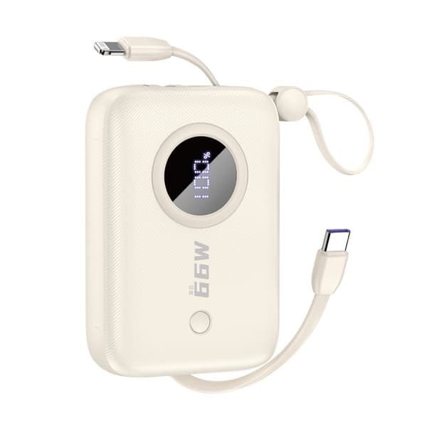 Powerbank 10000mAh med USB-C / iPhone Lightning kabler, beige