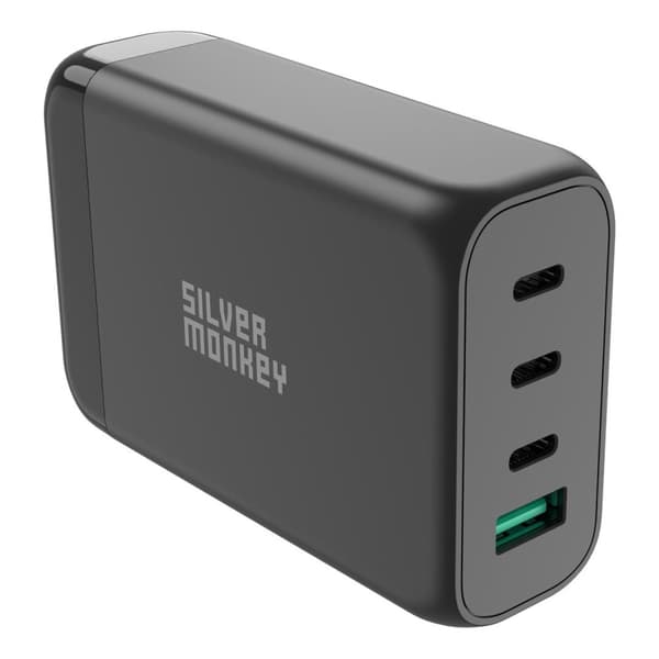 GaN 130 W seinälaturi 3xUSB-C PD USB-A QC 3.0 virtajohdolla, musta