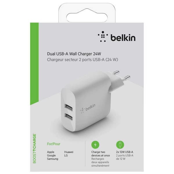 Belkin Kaksiporttinen Usb-a-seinälaturi X2 12w Valkoinen