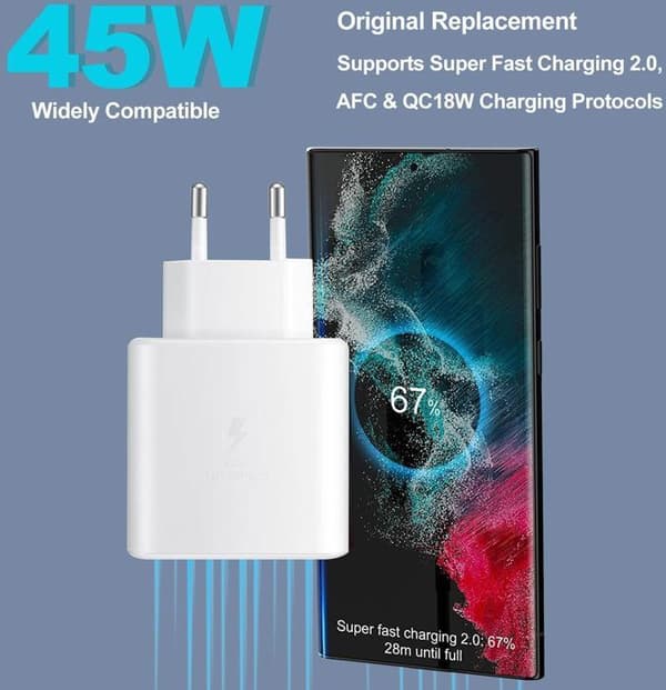 45W supersnabbladdningsladdare för Samsung Galaxy S24+, S24 Ultra, Tab S8 Ultra, USB C-nätadapter med 5A-kabel (vit)