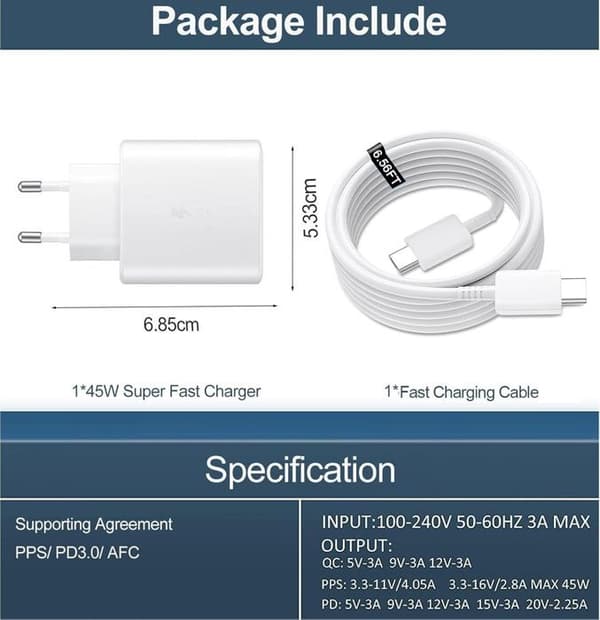45W supersnabbladdningsladdare för Samsung Galaxy S24+, S24 Ultra, Tab S8 Ultra, USB C-nätadapter med 5A-kabel (vit)
