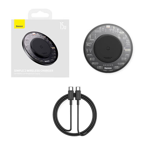 Trådløs Qi induktiv lader Baseus Simple 2, 15W med USB-C til USB-C-kabel (svart)