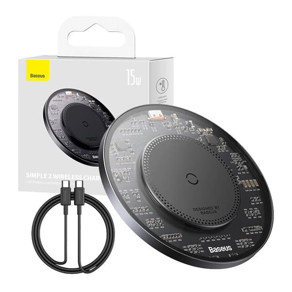 Trådløs Qi induktiv lader Baseus Simple 2, 15W med USB-C til USB-C-kabel (svart)