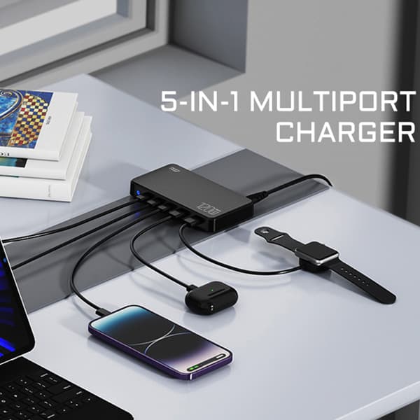 BW-i100 120W 5-ports USB PD-oplader 2USB-A+3USB-C PD3.0 QC3.0 AFC FCP SCP PPS PE APPLE Hurtigopladning desktopladestation, sort, enkelt oplader