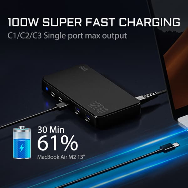 BW-i100 120W 5-ports USB PD-oplader 2USB-A+3USB-C PD3.0 QC3.0 AFC FCP SCP PPS PE APPLE Hurtigopladning desktopladestation, sort, enkelt oplader