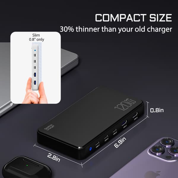 BW-i100 120W 5-ports USB PD-oplader 2USB-A+3USB-C PD3.0 QC3.0 AFC FCP SCP PPS PE APPLE Hurtigopladning desktopladestation, sort, enkelt oplader