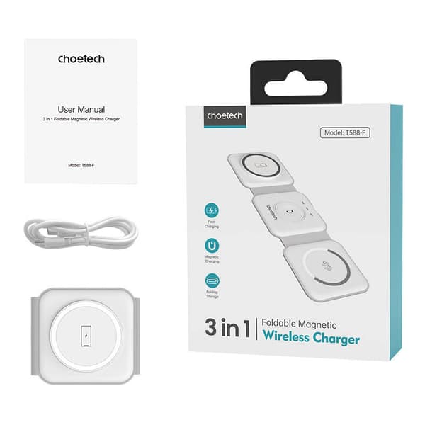 Choetech T588-F 3-i-1 magnetisk trådløs lader 15W (hvit)
