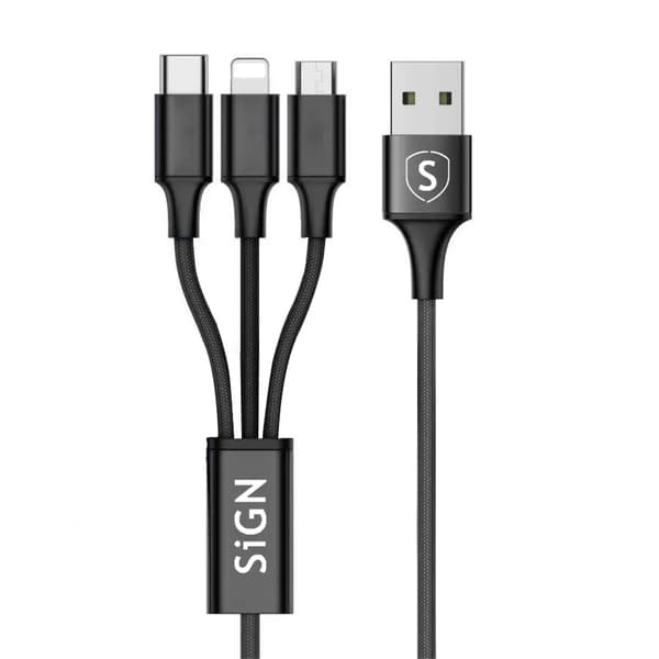 SiGN 3-i-1 Kabel Lightning, USB-C, Micro-USB, 2.4A, 0,25m - Svart