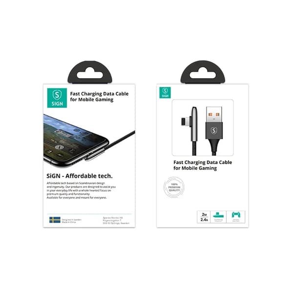 SiGN USB till Lightning Gaming Kabel, 2m, 2.4A, - Svart