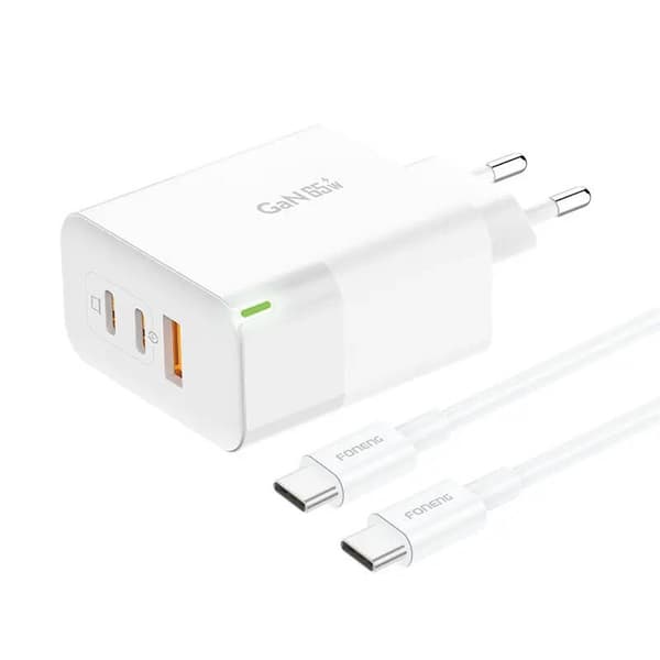 Laddare Foneng GAN65 USB-A, 2x USB-C GaN 65W med USB-C-kabel