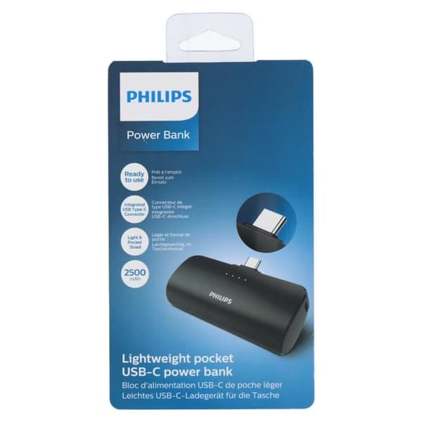 Philips laddarsats - DLP2510V/00 - Powerbank - DLP2510C/03 - Trådlöst externt batteri - 2500mAh - USB-C-kontakt Svart