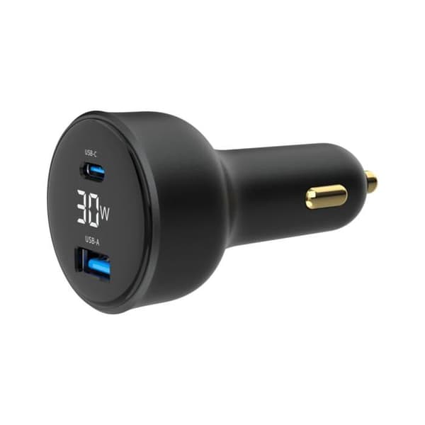 Snabb billaddare PowerDelivery (PD) USB typ C från 2 portar och 30 W, och annan typ C tillåter 30 W PD, och annan typ A Svart