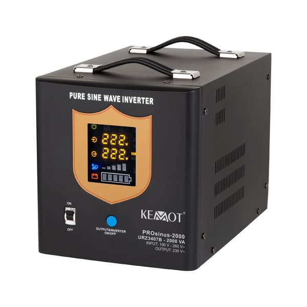 Varavirtalähde KEMOT PROsinus-2000 muunnin puhtaalla siniaalto- ja lataustoiminnolla 12V 230V 2000VA/1200W - musta