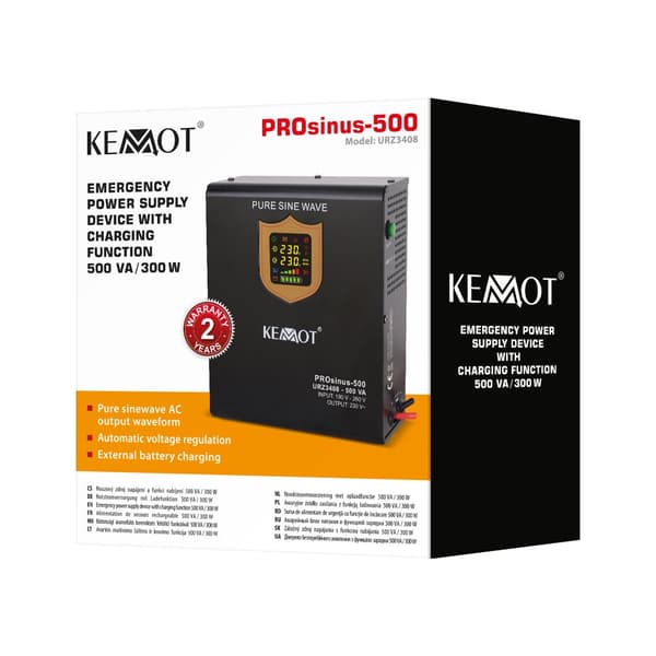 KEMOT PROsinus-500 vægmonteret nødstrømforsyning, ren sinus konverter med ladefunktion 12V 230V 500VA/300W