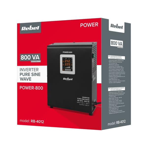 Rebel POWER-800 Vægmonteret nødstrømforsyning - ren sinusbølgekonverter med ladefunktion 12V 230V 800VA/500W