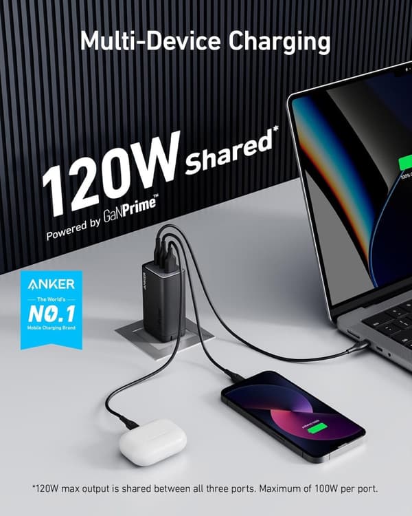ANKER 737 USB-C-oplader 120W GaNPrime, PPS 3-ports hurtig og kompakt vægoplader