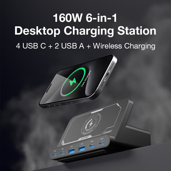 BW-S27 160W 6-portars USB PD bordssnabbladdare 2USB-A+4USB-C PD3.0 QC4.0 AFC FCP SCP PPS PE med 15W 10W 7.5W 5W trådlös laddare bordsladdningsstation