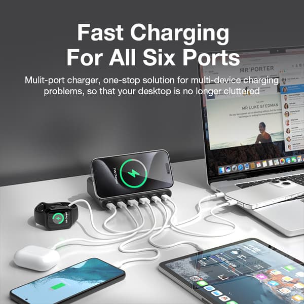 BW-S27 160W 6-portars USB PD bordssnabbladdare 2USB-A+4USB-C PD3.0 QC4.0 AFC FCP SCP PPS PE med 15W 10W 7.5W 5W trådlös laddare bordsladdningsstation