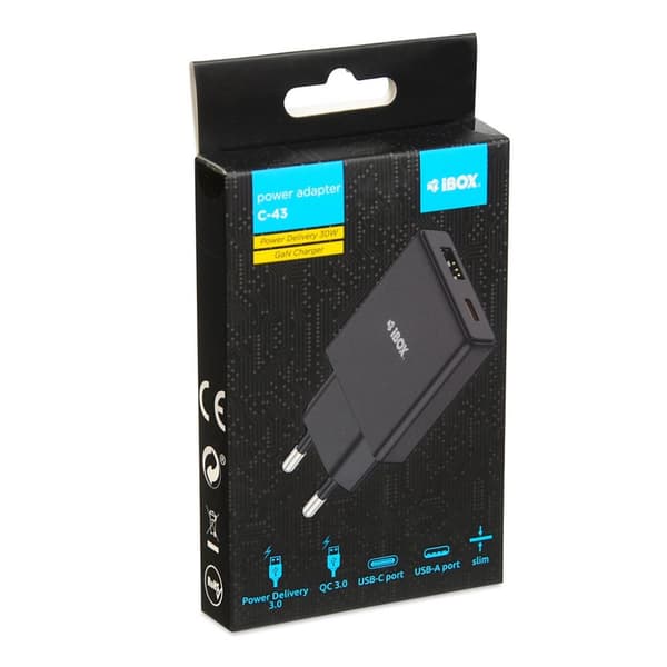 iBOX C-43 Slim GaN PD30W Vægoplader, Sort