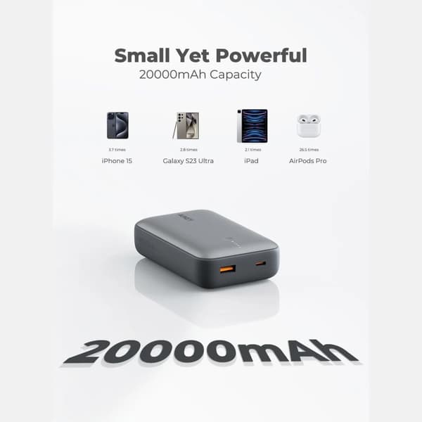 Aukey - Spark Mini 20000mAh 20W Powerbank Vit USB-C/USB-A