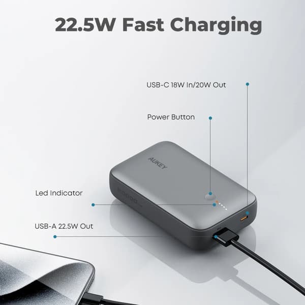 Aukey - Spark Mini 20000mAh 20W Powerbank Vit USB-C/USB-A