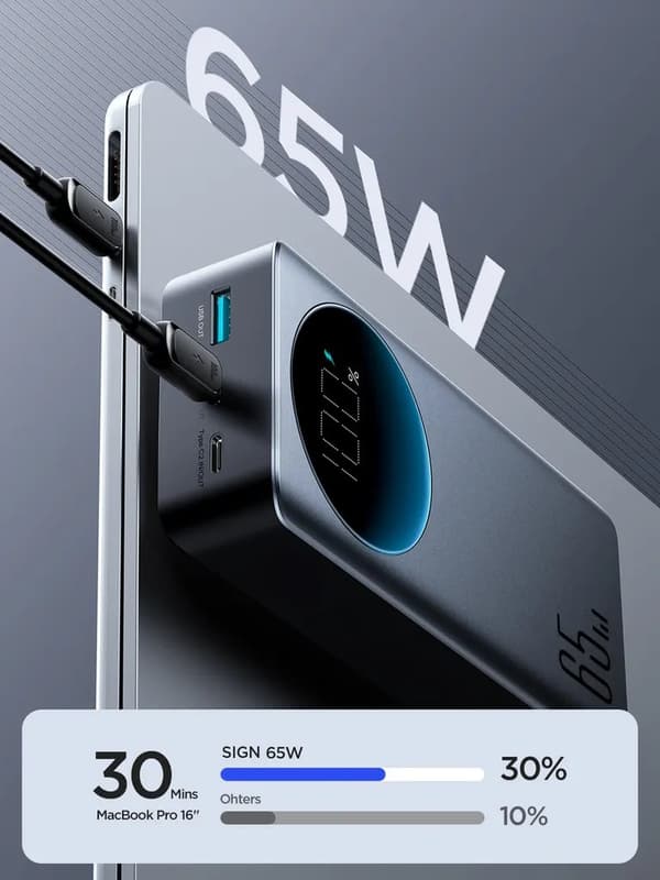 SiGN 65W 30000mAh Snabbladdning Powerbank LED-skärm PD QC för telefon och bärbar dator - Svart