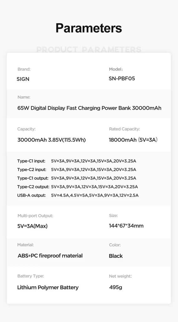 SiGN 65W 30000mAh Snabbladdning Powerbank LED-skärm PD QC för telefon och bärbar dator - Svart