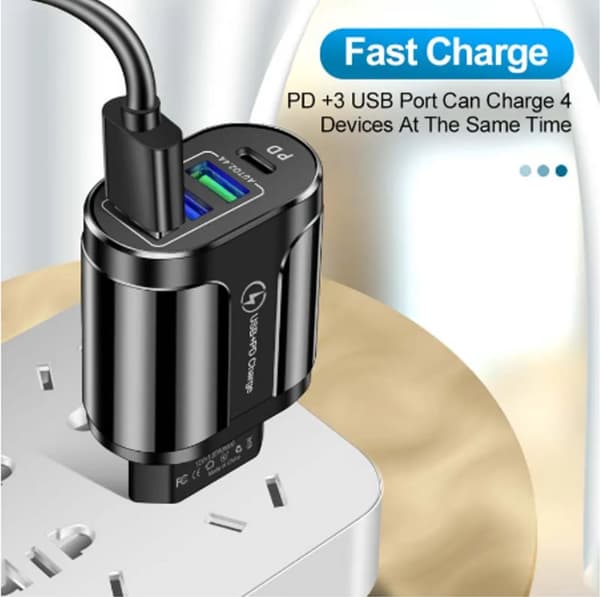 SiGN Snabbladdare USB-C & 3xUSB-A, PD & Q.C 3.0, 36W - Vit