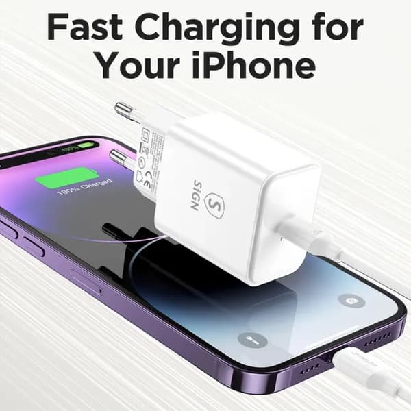 SiGN iPhone USB-C PD Snabbladdare 20W med  USB-C till Lightning kabel, 2m - Vit